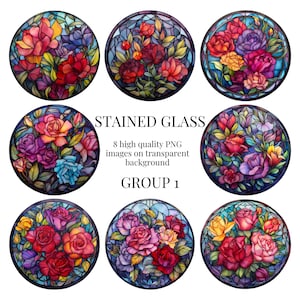 Floral Stained Glass Clipart | Transparent PNG | Watercolor Illustrations for Crafts, Card Making, DIY Projects | Instant Digital Download