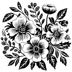 May include: Black and white illustration of a bouquet of flowers with large white blossoms and black leaves.