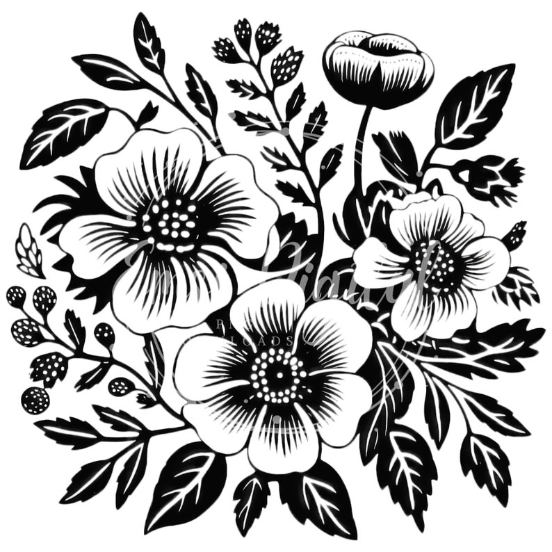 May include: Black and white illustration of a bouquet of flowers with large white blossoms and black leaves.