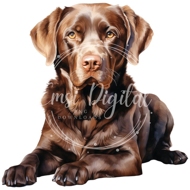 May include: A chocolate brown Labrador Retriever dog is lying down with its paws in front of it. The dog is looking directly at the camera.
