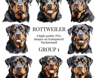 May include: Eight digital illustrations of Rottweilers, each with a different expression. The Rottweilers are depicted in a realistic style with detailed fur and facial features. The images are set against a white background.
