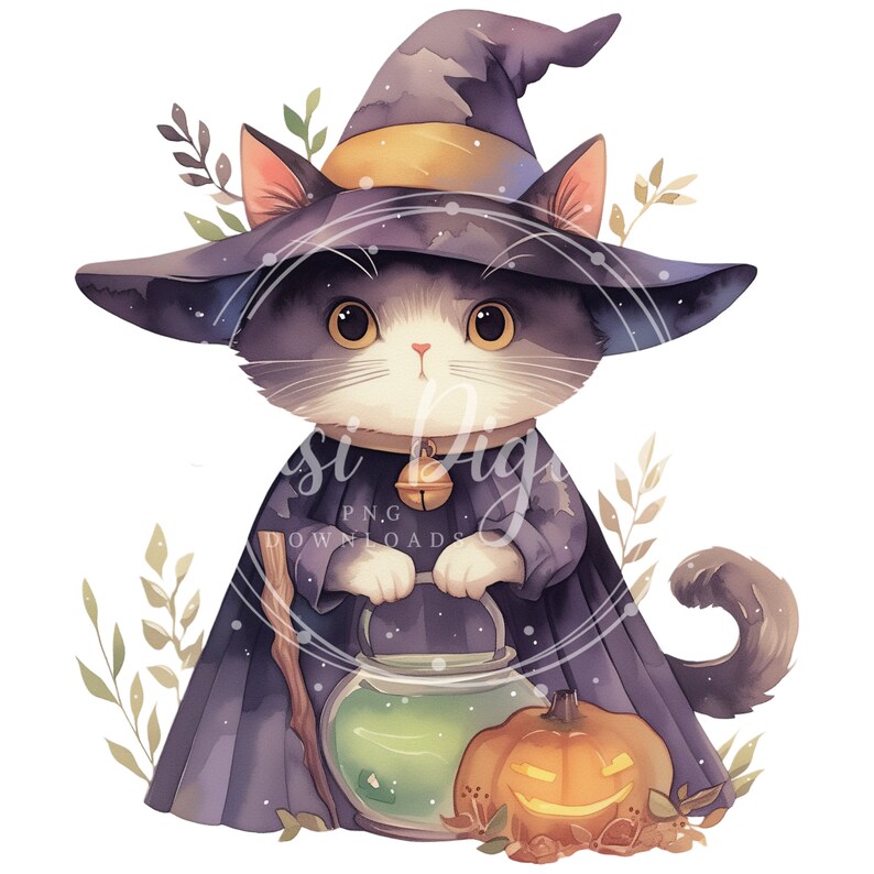 Halloween Witch Cat Clipart | High-quality Transparent PNG | Watercolor ...