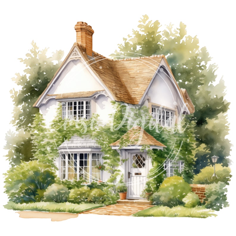 May include: Watercolor painting of a charming cottage with a brown roof, white walls, and a brick chimney. The house is surrounded by lush greenery, including trees and bushes. A brick pathway leads to the front door.