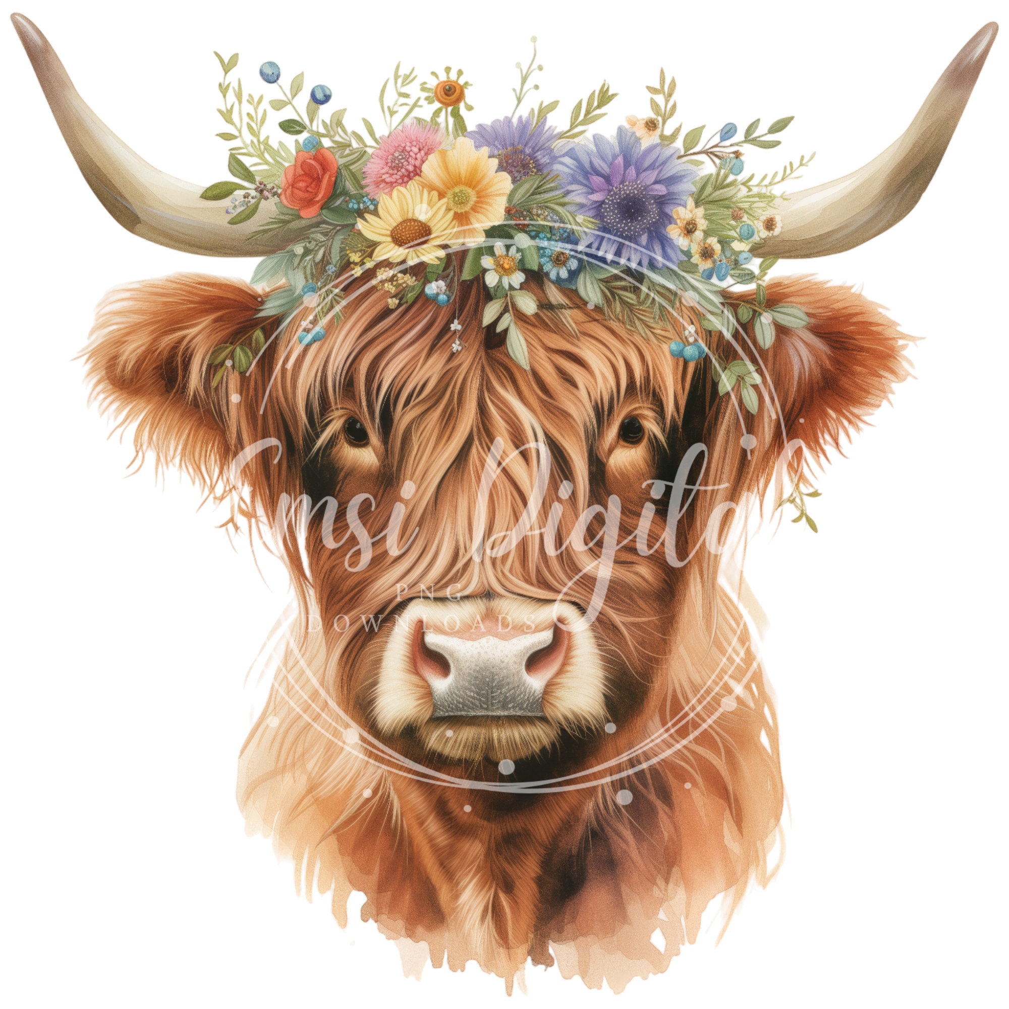 Floral Highland Cow Clipart | High-quality Transparent PNG | Watercolor ...