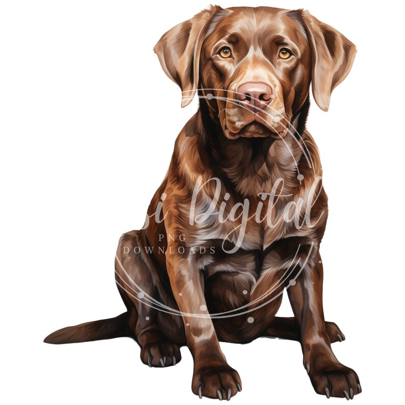 May include: A brown Labrador Retriever dog sitting with its front paws crossed and looking directly at the camera.