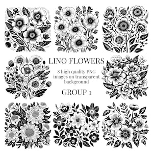 Clipart fleur imprimé lino | PNG transparents | Illustration aquarelle de haute qualité | Artisanat botanique en papier | Téléchargement numérique instantané