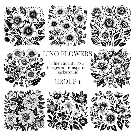 Lino Print Flower Clipart | Transparent PNG | High-Quality Watercolor Illustration | Botanical Paper Crafts | Instant Digital Download