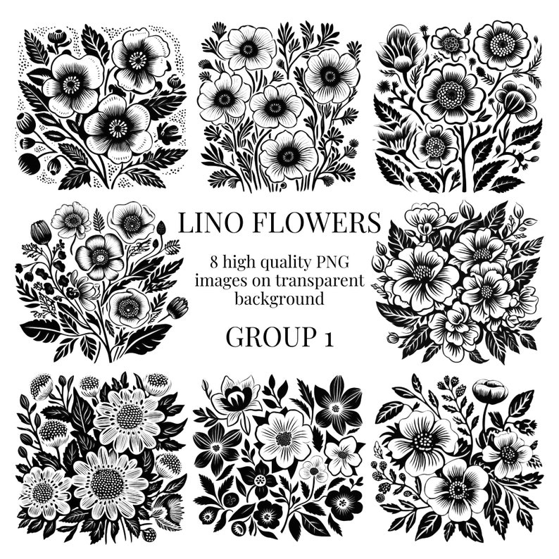 May include: A set of eight black and white floral illustrations, featuring various types of flowers and leaves. The illustrations are labeled "LINO FLOWERS" and "GROUP 1".