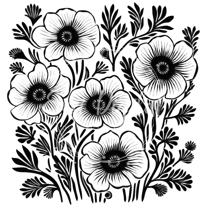 May include: Black and white illustration of a bouquet of flowers with five large flowers and several smaller flowers. The flowers have a simple, stylized design.