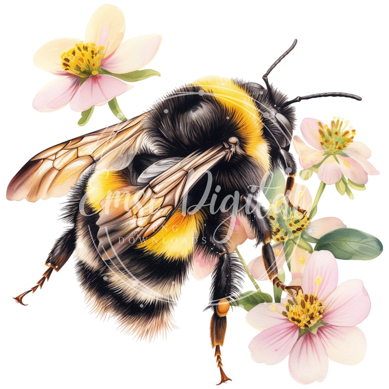 May include: A bumblebee with black and yellow stripes is perched on a pink flower with green leaves. The bee has fuzzy black and yellow stripes and is surrounded by pink flowers.