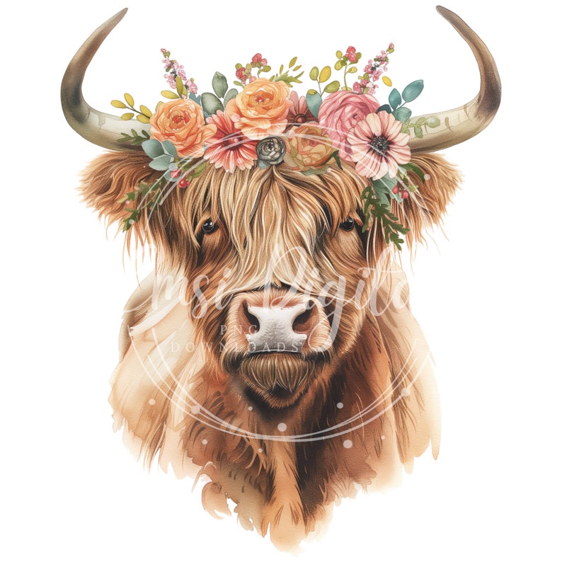 Floral Highland Cow Clipart | High-quality Transparent PNG | Watercolor ...