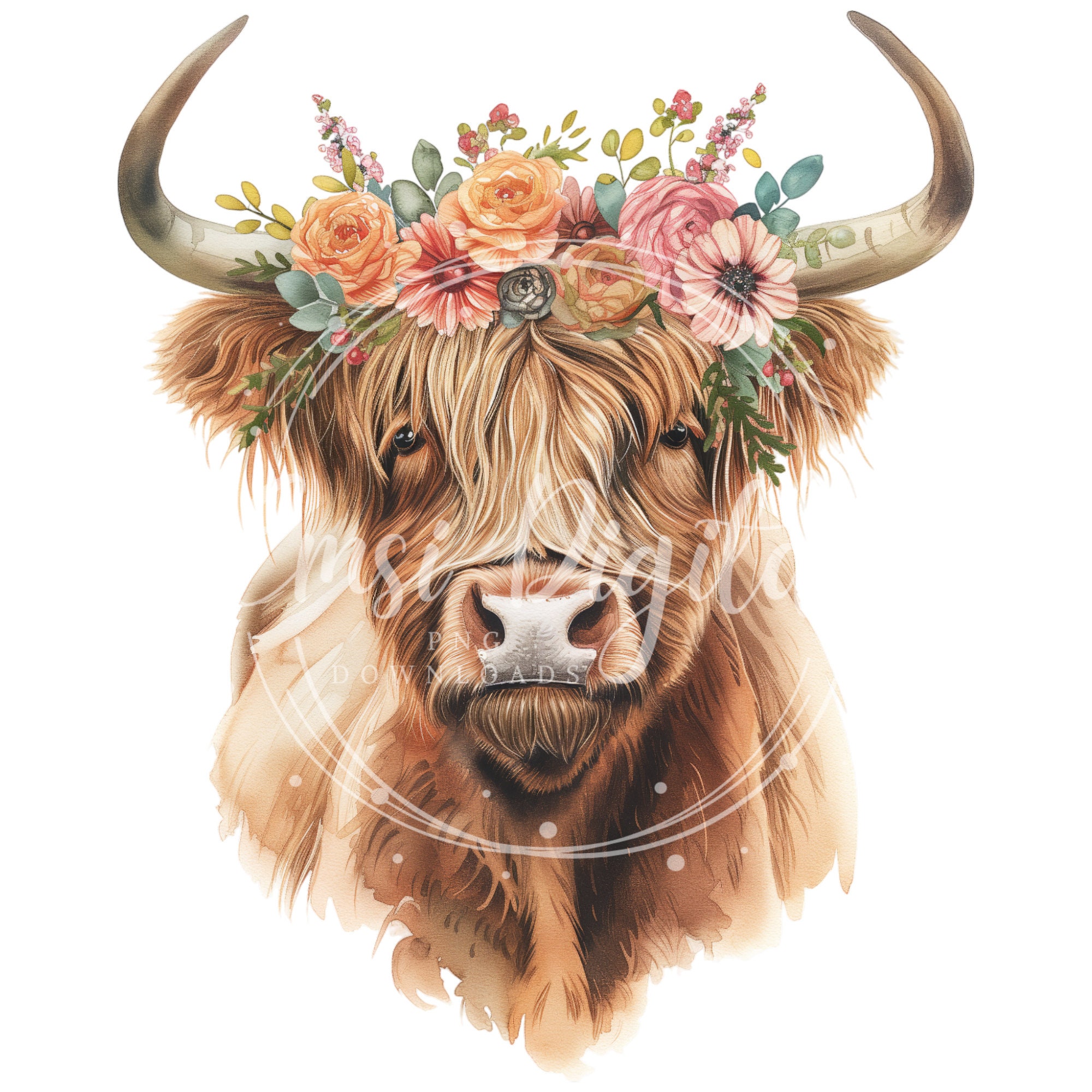 Floral Highland Cow Clipart | High-quality Transparent PNG | Watercolor ...