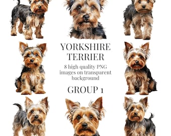 May include: Eight digital illustrations of Yorkshire Terriers in various poses. The dogs are brown and black with long hair. The images are on a transparent background. The text "Yorkshire Terrier" and "Group 1" are also included in the image.
