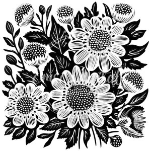 May include: Black and white illustration of a bouquet of flowers with large white blossoms and smaller white flowers with black centers. The flowers are surrounded by black leaves.