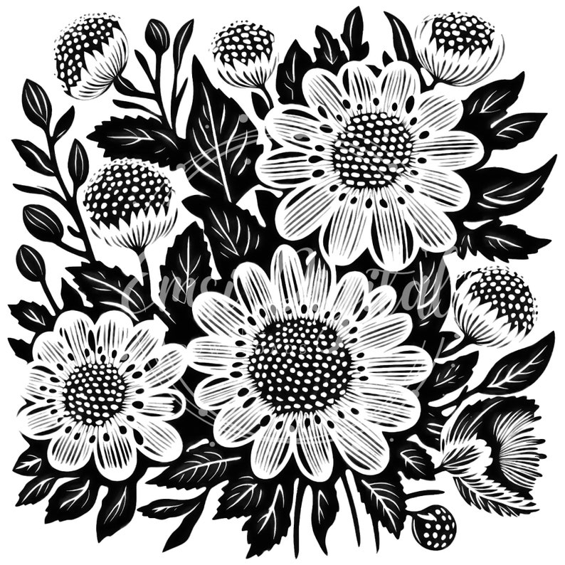 May include: Black and white illustration of a bouquet of flowers with large white blossoms and smaller white flowers with black centers. The flowers are surrounded by black leaves.