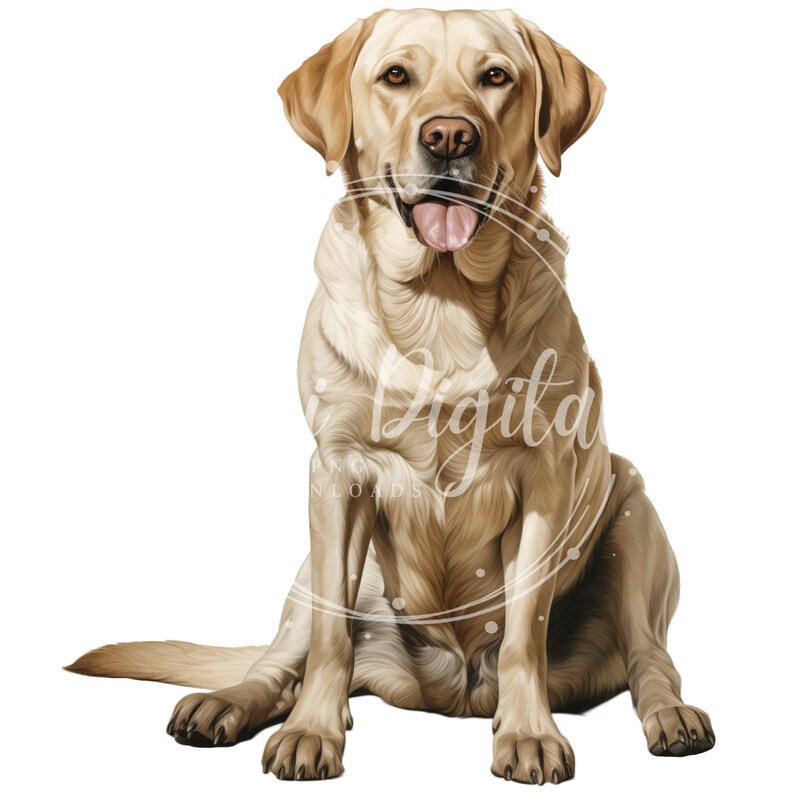 K&ouml;nnte beinhalten: Ein goldfarbener Labrador Retriever sitzt mit herausgestreckter Zunge. Der Hund hat ein hellbraunes Fell und schaut direkt in die Kamera.