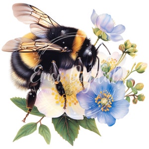 May include: A bumblebee with black and yellow stripes is perched on a cluster of white and blue flowers. The flowers have delicate petals and are surrounded by green leaves.