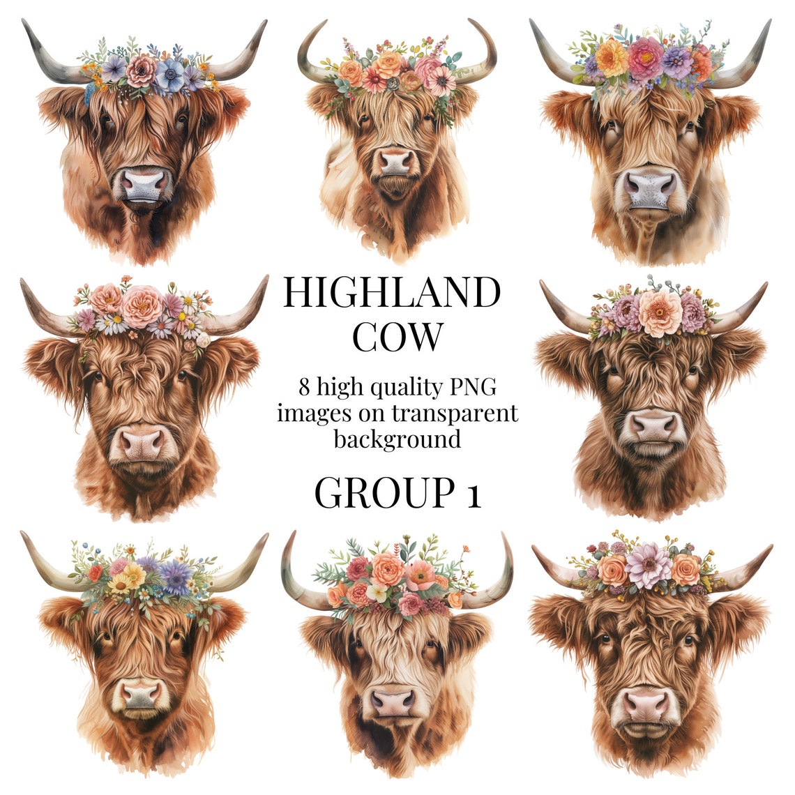Floral Highland Cow Clipart | High-quality Transparent PNG | Watercolor ...