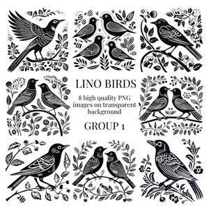Lino Print Birds Clipart / PNG trasparente / Illustrazione ad acquerello di alta qualità / Artigianato di carta fai da te, Creazione di carte / Download digitale istantaneo