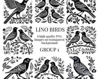 Lino Print Birds Clipart | Transparent PNG | High-Quality Watercolor Illustration | DIY Paper Crafts, Card Making | Instant Digital Download