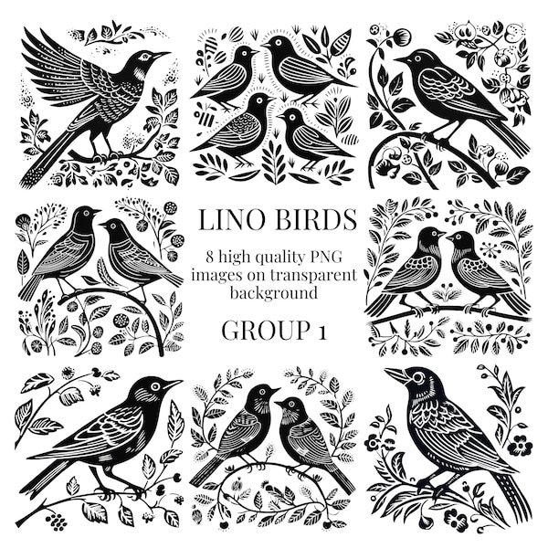 Lino Print Birds Clipart | Transparent PNG | High-Quality Watercolor Illustration | DIY Paper Crafts, Card Making | Instant Digital Download