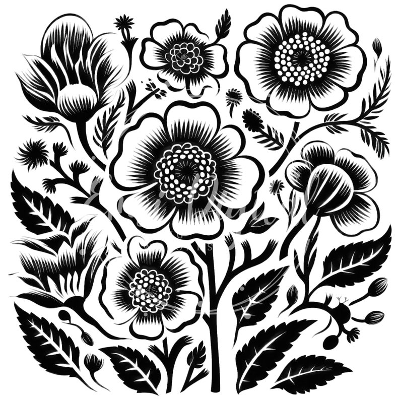 May include: Black and white illustration of a floral bouquet with stylized flowers and leaves.