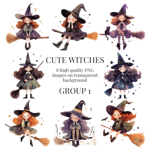 Cute Witches Clipart | High-Quality Transparent PNG | Watercolor Halloween Illustration |  Spooky Paper Crafts | Instant Digital Download