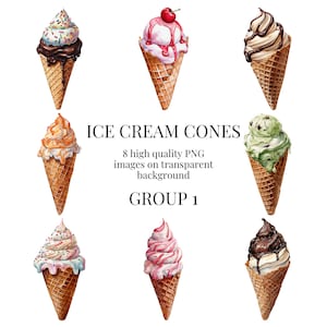 Ice Cream Clipart | Transparent PNG | High-Quality Watercolor Illustration | Dessert, Baking, Cakes, DIY Party Crafts | Digital Download