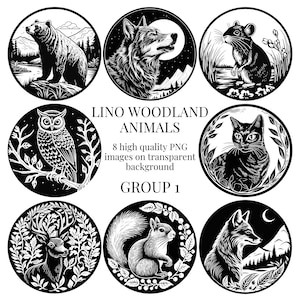 Impression linogravure des cliparts animaux de la forêt | PNG transparents | Illustration aquarelle de haute qualité | Créations en papier | Téléchargement numérique instantané