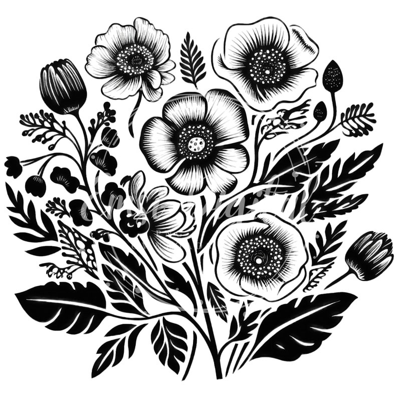 May include: Black and white illustration of a bouquet of flowers with a variety of blooms, including poppies, and leaves. The flowers are arranged in a circular shape.