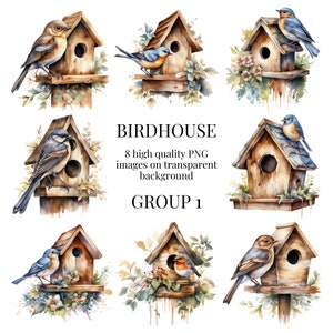 Birdhouse Clipart / PNG transparente de alta calidad / Ilustración de acuarela / Artesanías, Aves, Naturaleza, Vida Silvestre, BRICOLAJE / Descarga digital instantánea