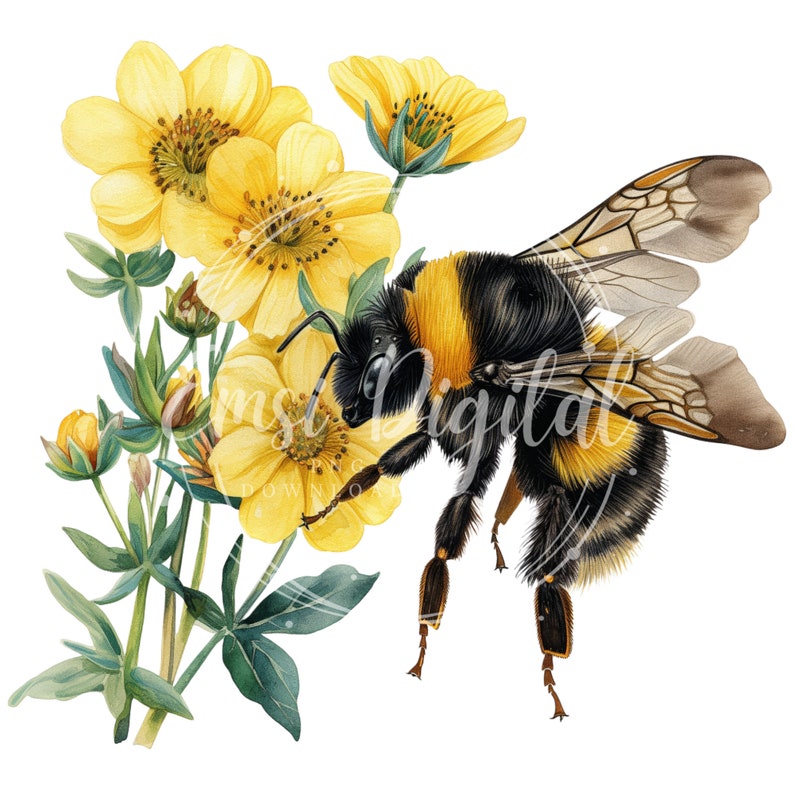May include: A bumblebee with black and yellow stripes is perched on a yellow flower with green leaves. The bee has its wings spread out and is collecting pollen from the flower.