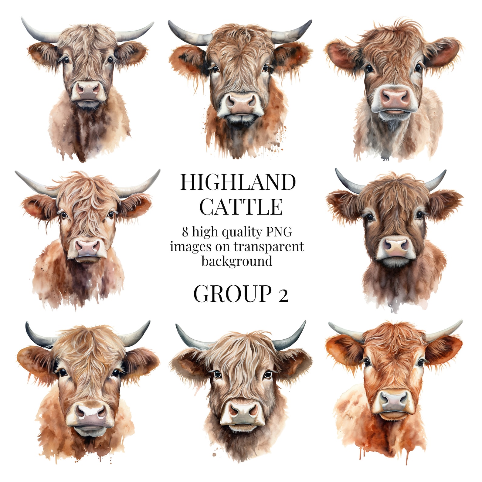 Highland Cattle Clipart | High-quality Transparent PNG | Watercolor Cow ...