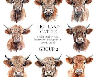 Highland Cattle Clipart | High-Quality Transparent PNG | Watercolor Cow Illustration | Farm Animal Paper Crafts| Instant Digital Download