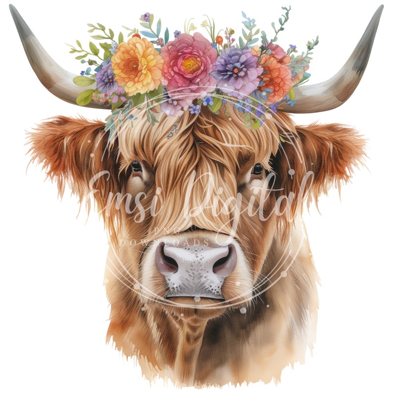 Floral Highland Cow Clipart | High-quality Transparent PNG | Watercolor ...
