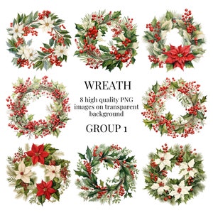 Christmas Wreath Clipart | Transparent PNG | High-Quality Watercolor Illustration | Festive Crafts, Card Making | Instant Digital Download