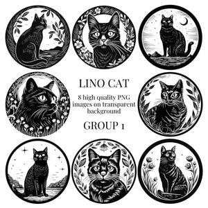 Clipart chat imprimé linogravure | PNG transparents | Illustration aquarelle de haute qualité | travaux manuels en papier, fabrication de cartes | Téléchargement numérique instantané