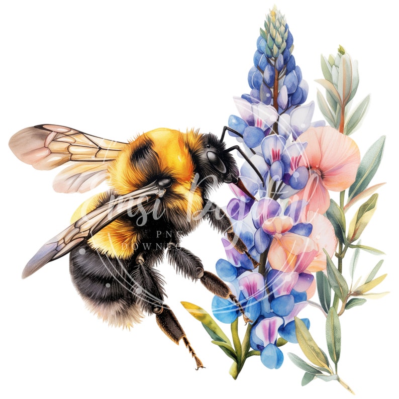 May include: A bumblebee with black and yellow stripes is perched on a cluster of blue and pink wildflowers. The bee has its wings spread and is facing the right side of the image. The flowers are in bloom and have green leaves.