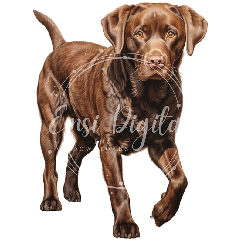 May include: A chocolate brown Labrador Retriever dog with a serious expression, standing with its front paws slightly raised, looking directly at the viewer.