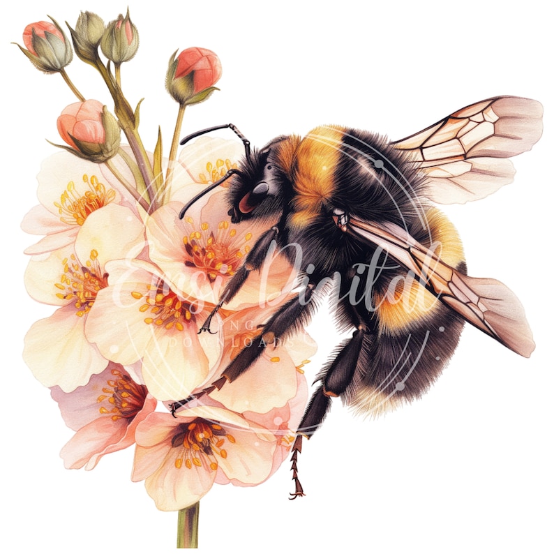 May include: A bumblebee with black and yellow stripes is perched on a cluster of delicate pink and white blossoms. The bee's wings are spread out, and its fuzzy body is covered in pollen.