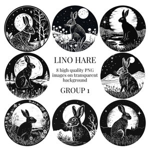Linocut Print Hare Clipart | Transparent PNG | High-Quality Watercolor Illustration | Paper Crafts, Card Making | Instant Digital Download