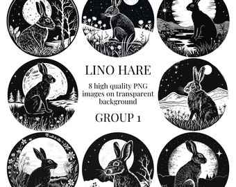 Linocut Print Hare Clipart | Transparent PNG | High-Quality Watercolor Illustration | Paper Crafts, Card Making | Instant Digital Download