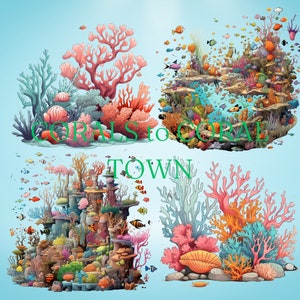fish corals clipart, bikini bottom coral town, night town, 10 digital images, PNG, commercial use, instant download
