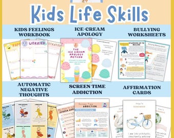 May include: A collection of educational materials titled "Kids Life Skills." The image features workbooks, apology methods, worksheets, and affirmation cards. The materials cover topics like feelings, screen time, and bullying, with text such as "Ice Cream Apology Method."