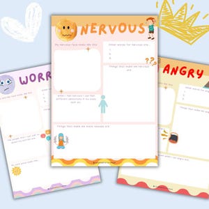 May include: Three colorful printable worksheets with the words "WORRY", "NERVOUS", and "ANGRY" in large letters. Each worksheet has prompts for self-reflection, including space to write about feelings and coping strategies. The worksheets are designed for emotional support.