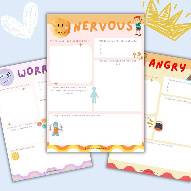May include: Three colorful printable worksheets with the words "WORRY", "NERVOUS", and "ANGRY" in large letters. Each worksheet has prompts for self-reflection, including space to write about feelings and coping strategies. The worksheets are designed for emotional support.