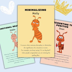 May include: Three cards with cartoon ants illustrating emotional concepts. The central card features "MINIMALIZING Molly" with an orange ant. The other cards show "EMOTIONAL REAS Eddie" and "SCOUTING THE POSITIVE Dean". The cards have text explaining each concept.