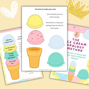 May include: A colorful educational print featuring ice cream scoops and cones. The text includes phrases like "Will you forgive me?" and "I'm sorry for." The print also says "It's time to make your own" and "The Ice Cream Apology Method."