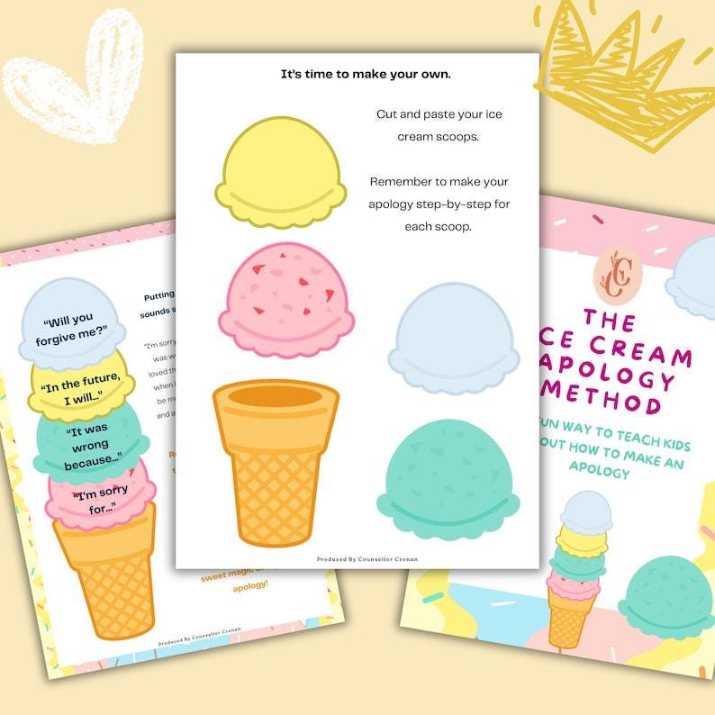 May include: A colorful educational print featuring ice cream scoops and cones. The text includes phrases like "Will you forgive me?" and "I'm sorry for." The print also says "It's time to make your own" and "The Ice Cream Apology Method."