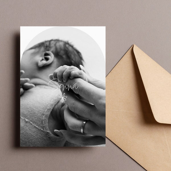 Personalisierte Geburtsanzeige, Geburtsanzeige mit Foto, Babykarte, A6-Postkarte, Schwarz-Weiß-Karte